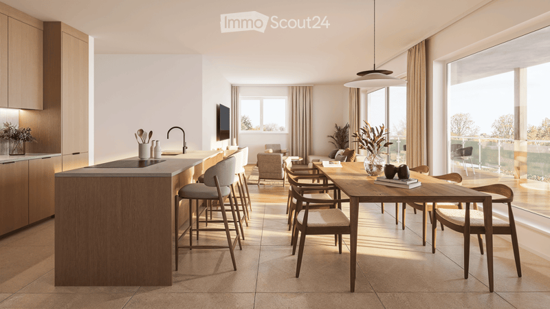 Kitchen, dining and living room area with natural light and open spaces, wooden tables, high-quality kitchen appliances, modern design, glass windows, large balcony