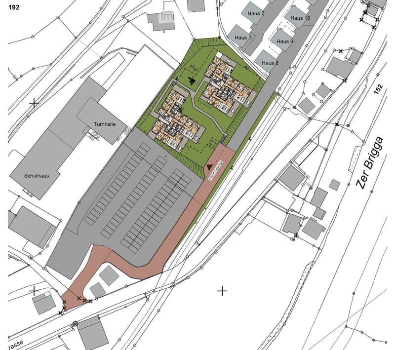 residential area, multiple buildings, parking lots, road, school