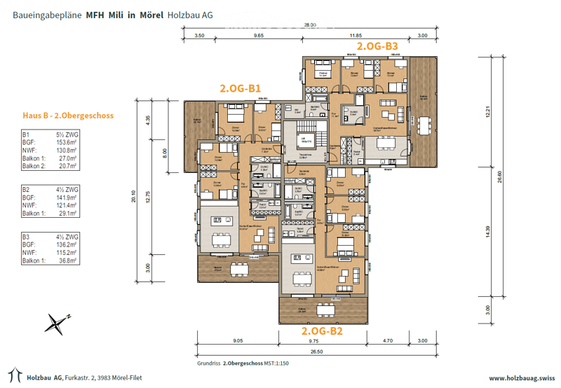 Three units on the second floor, each with 4 rooms and a balcony, and a common area with a balcony