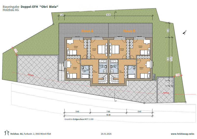 Two houses with 2 floors each, living room, kitchen, 2 bedrooms, bathroom, and bathroom with toilet