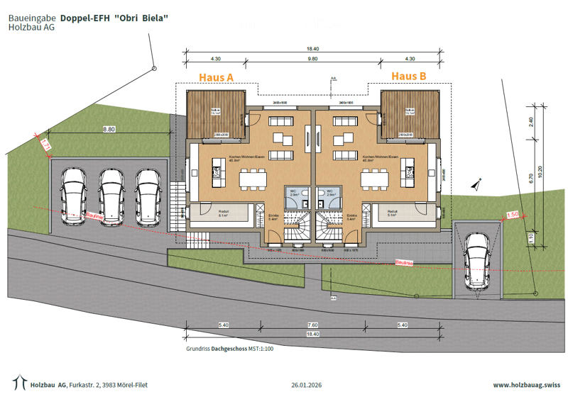 Ground floor plan with two houses each having 3 bedrooms, living room, kitchen, dining area, bathrooms, WC, balconies, and garages.