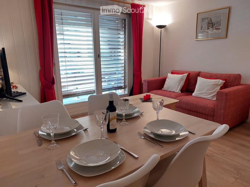 Dining area with a wooden table, four white chairs, a red couch with pillows, a lamp, a picture frame, and a television.