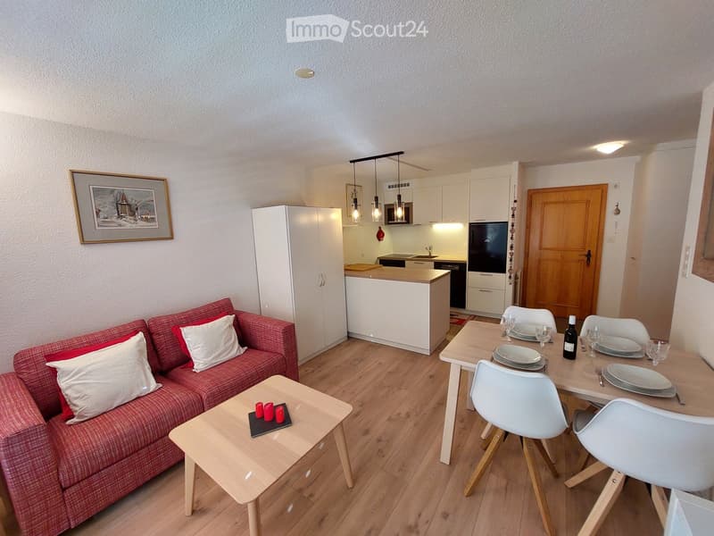 Red couch with white pillows, wooden coffee table, dining table with chairs, kitchen with appliances, picture frame on wall