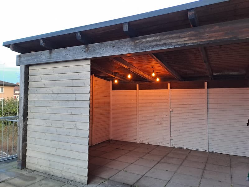 wooden walls, tiled floor, metal roof, open door, lights on the ceiling