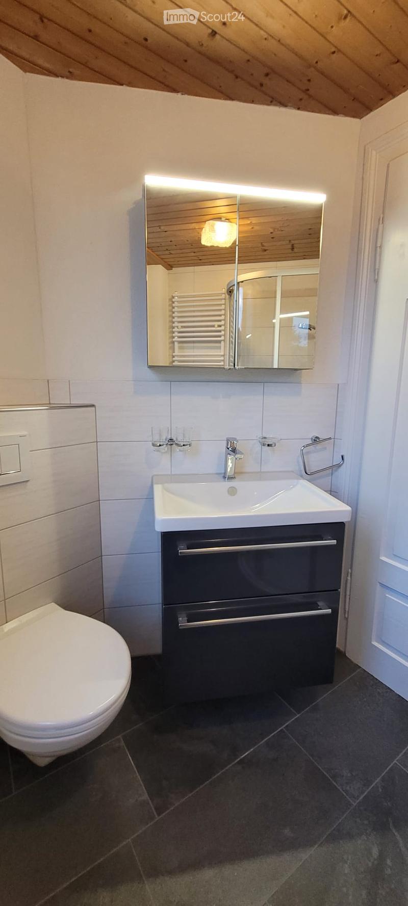 Bathroom with white toilet, white sink, mirror, and wooden ceiling