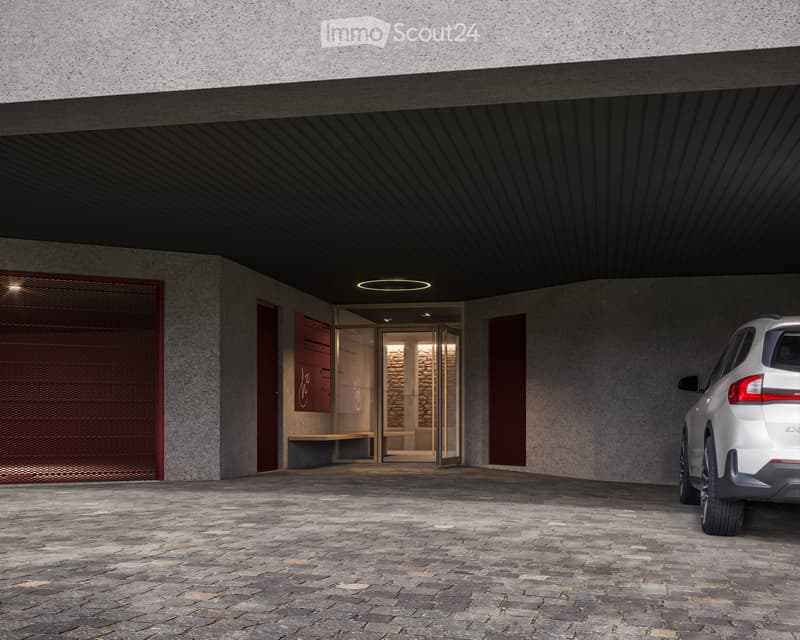 Garage with a car parked, red doors, brick wall, stone wall, circular light