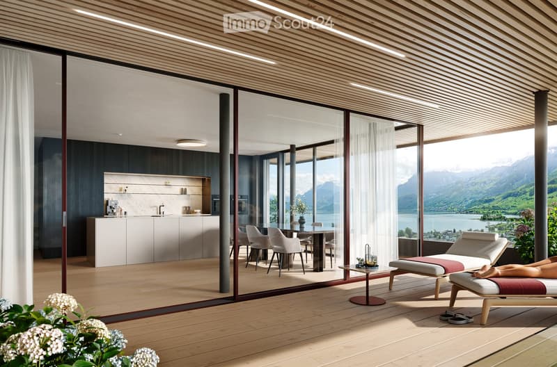 modern design, wooden floor, large glass windows, dining table, lounge chairs, lake view