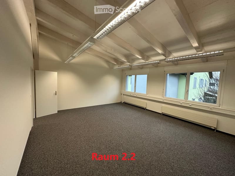 empty room, white walls, gray carpet, wooden beams, fluorescent lights, two windows, radiators