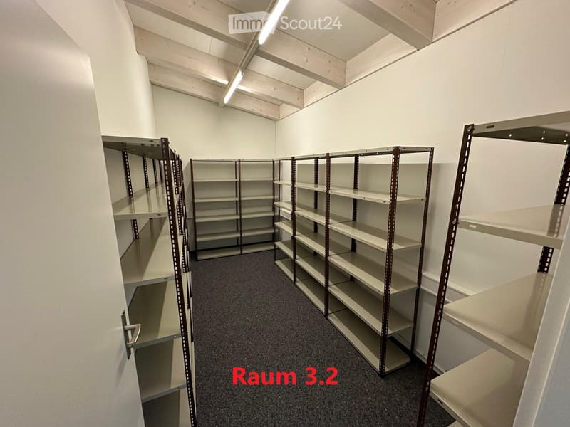 Empty room with metal shelves, white walls, wooden ceiling, gray floor