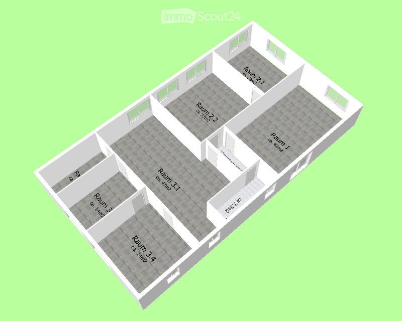 4 rooms, 2 bathrooms, central hallway