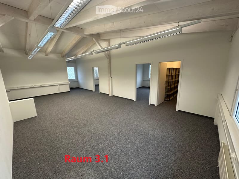 Empty room with white walls, gray carpet, wooden beams, fluorescent lights, windows, and a shelf in the doorway.