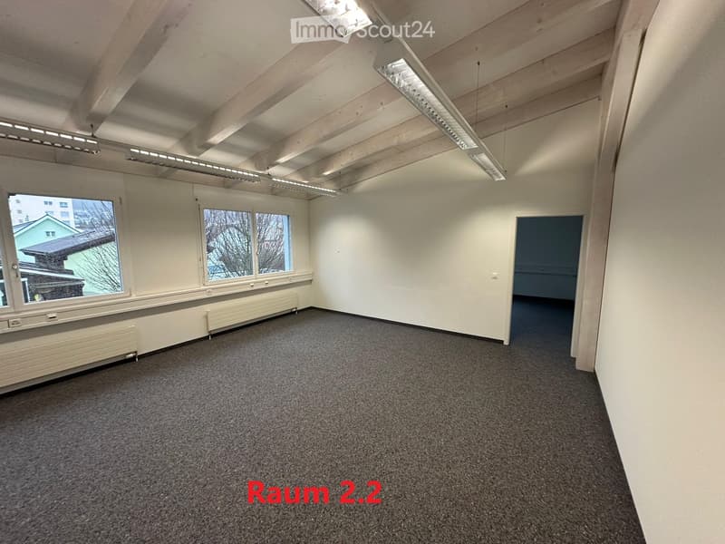 empty room, white walls, gray carpet, large windows, wooden beams, radiators, ceiling lights