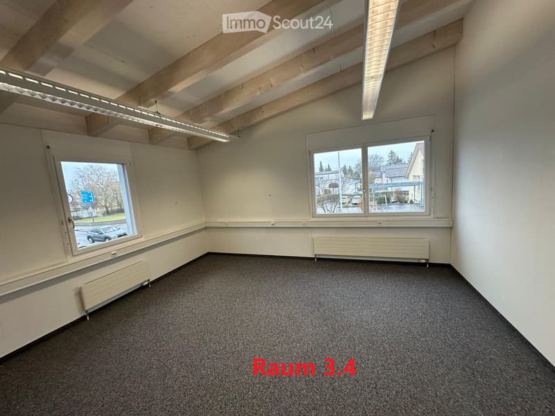 empty room, white walls, wooden ceiling, carpeted floor, two windows, radiators