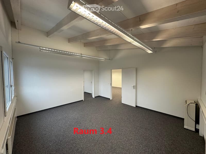 Empty room with white walls, gray carpet, wooden beams, fluorescent lights, two doors, and a window.