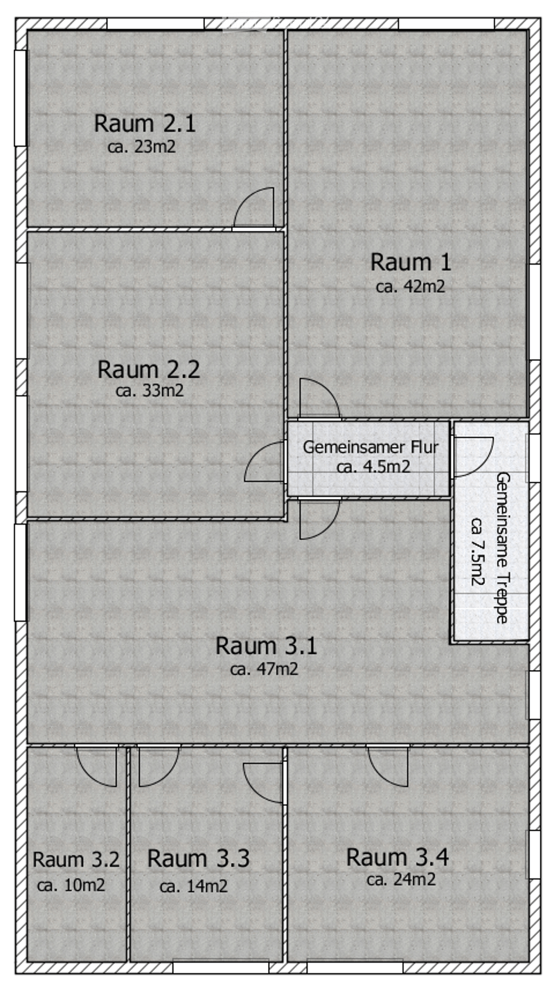 3 floors, 7 rooms, common area