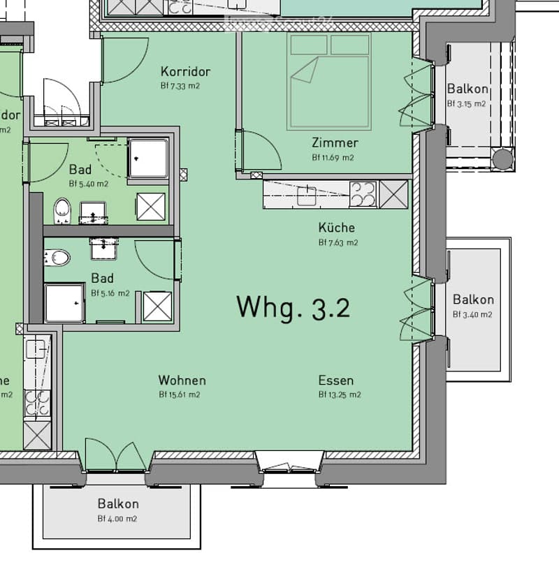 Corridor, 2 bedrooms, 2 bathrooms, kitchen, dining area, living room, balcony