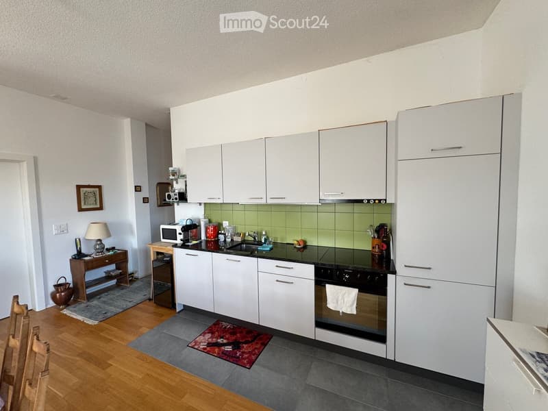 modern kitchen with white cabinets, black countertops, green tiles, wooden floor, microwave, sink, oven, dishwasher, washing machine, picture frame, lamp, wooden table, rug, wooden chairs