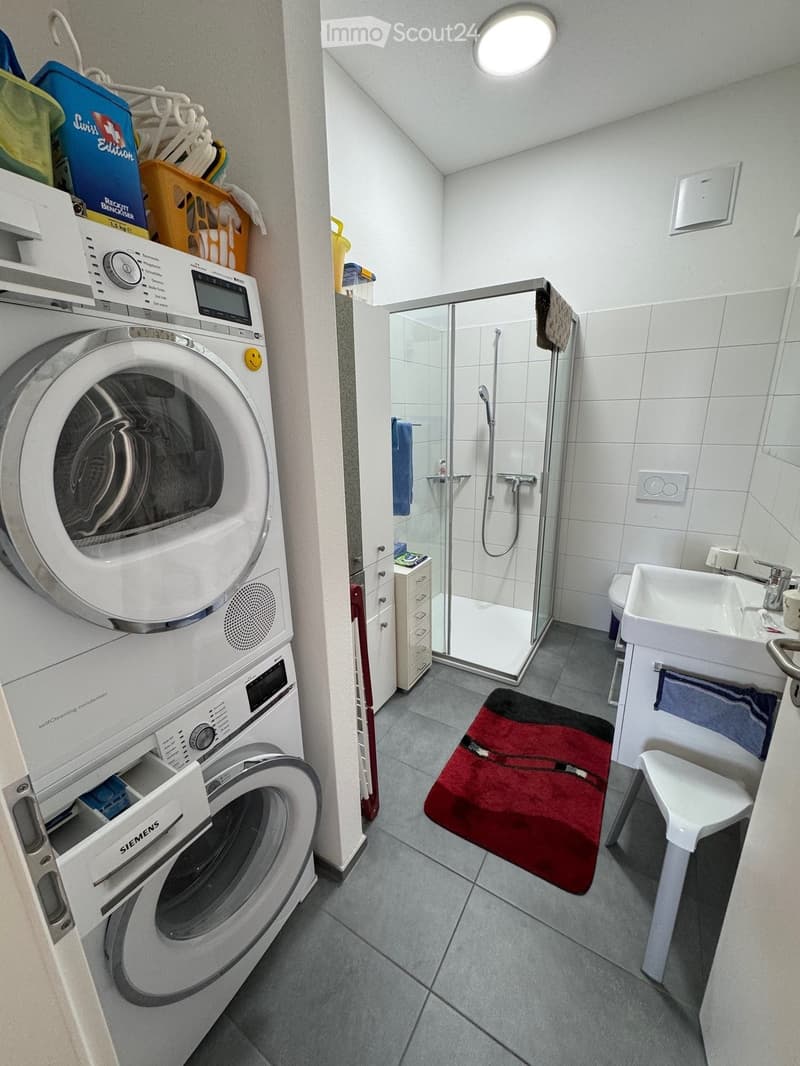 Laundry room with washing machine, dryer, sink, shower, and toilet