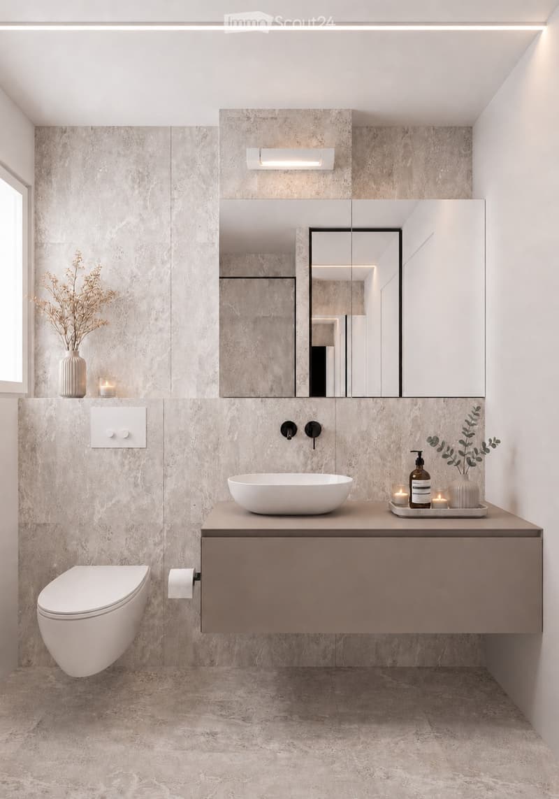 Modern bathroom with marble tiles, a floating vanity, a large mirror, a toilet, and decorative vases with candles.