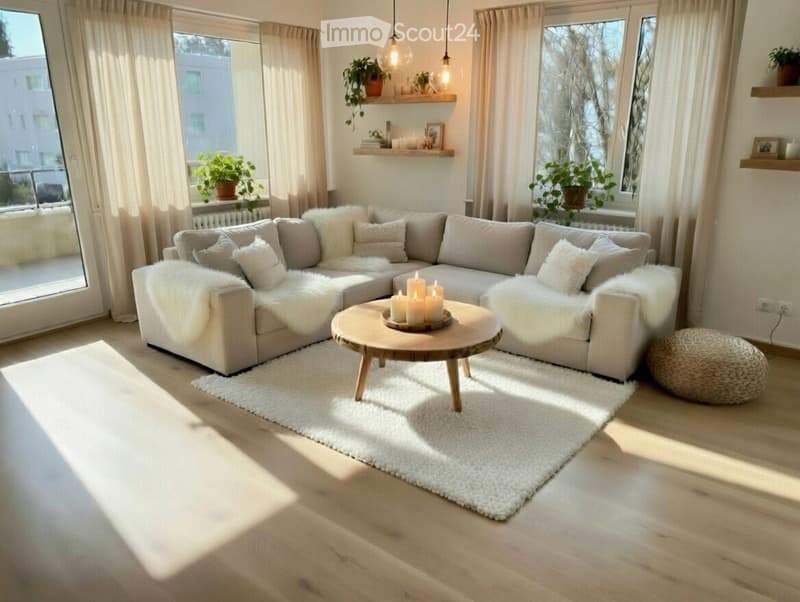 L-shaped sofa, white rug, wooden coffee table, candles, white walls, large windows, balcony, plants