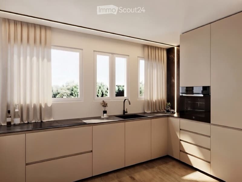 modern kitchen with white cabinets, black countertops, double sink, oven, windows, wooden floor