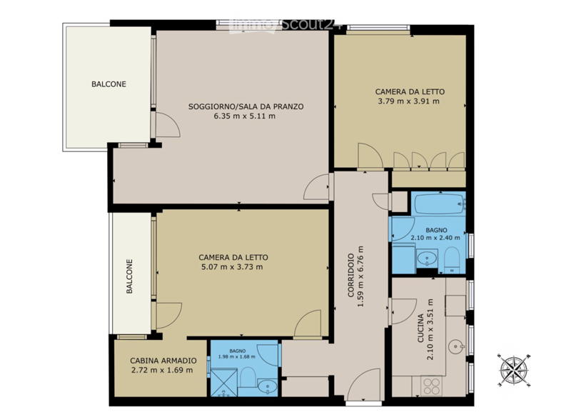 2 bedrooms, 2 bathrooms, living room, dining room, kitchen, balcony