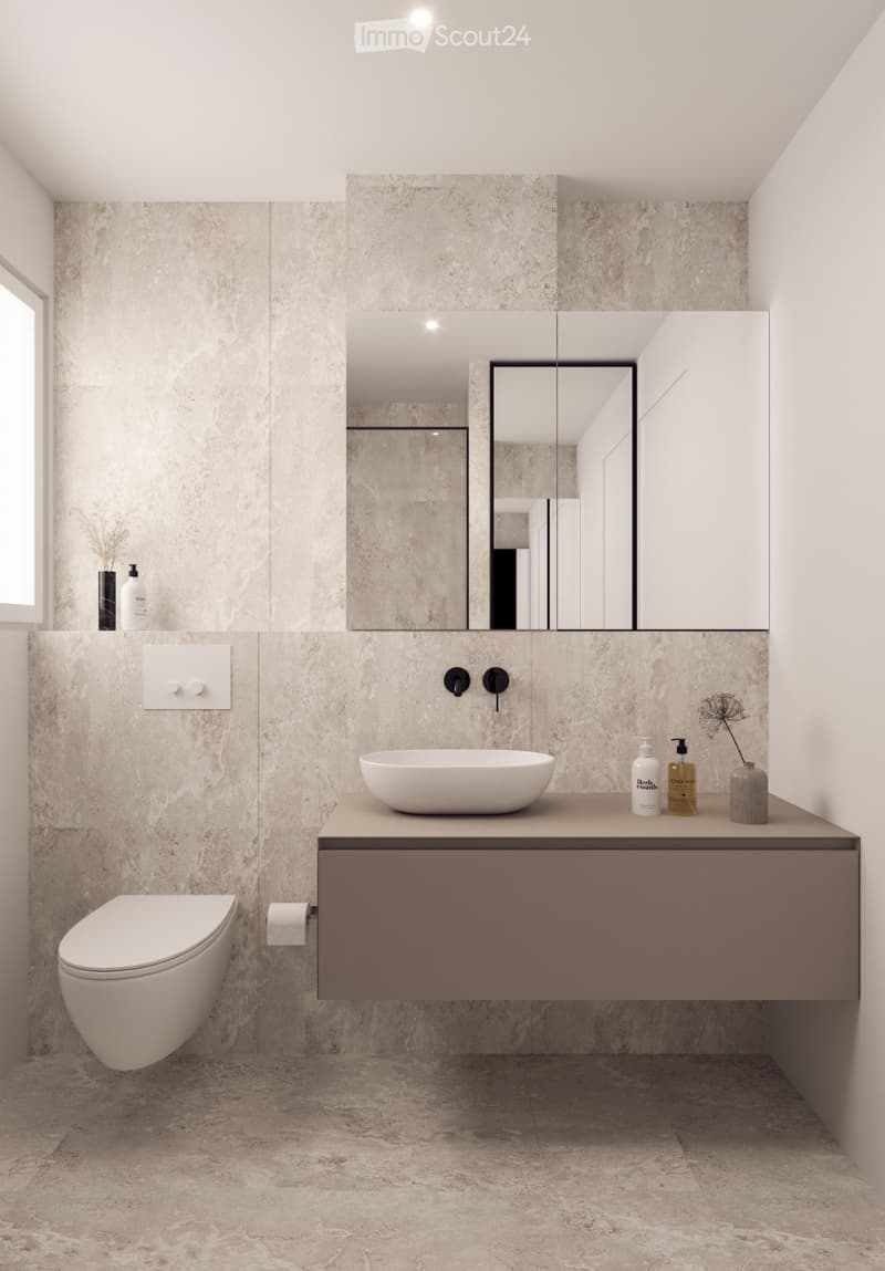 modern bathroom with white toilet, white sink, large mirror, marble tiles, white walls
