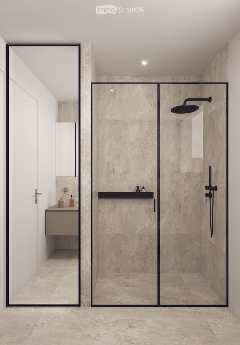 modern bathroom with glass shower enclosure, marble tiles, vanity with mirror, black fixtures