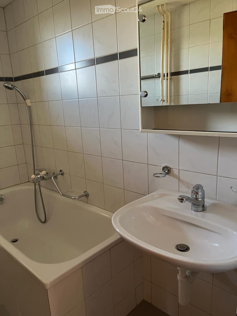 Bathroom with bathtub, sink, mirror, and shower head