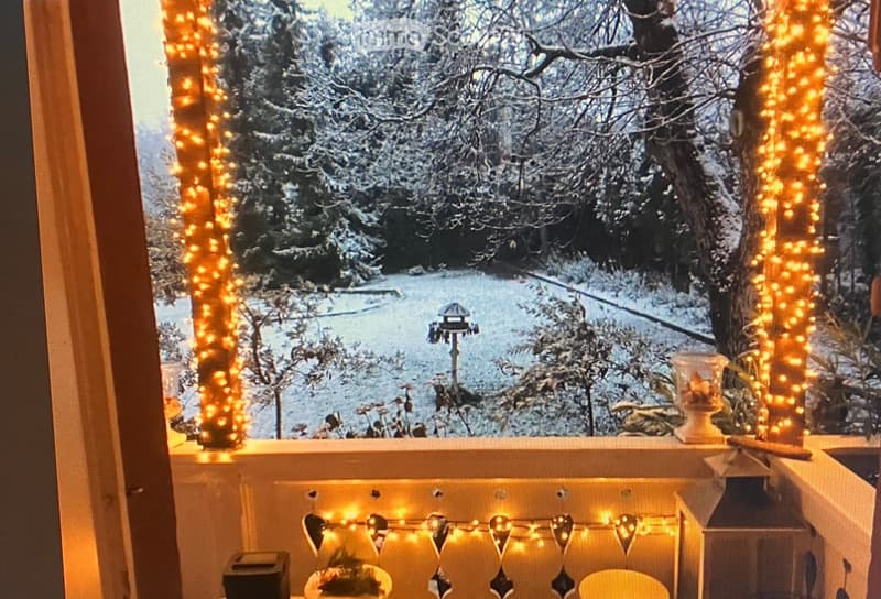 balcony with railing, string lights, view of snowy garden