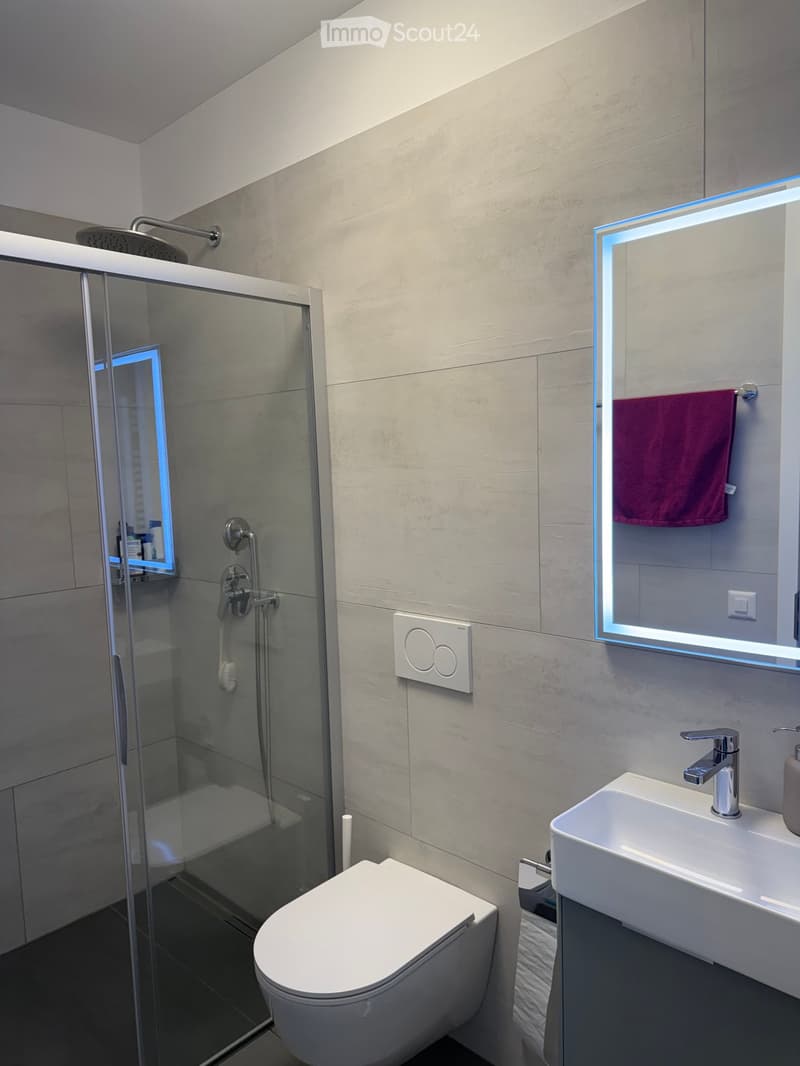 modern bathroom with glass shower, white toilet, white sink, mirror with light, towel rack