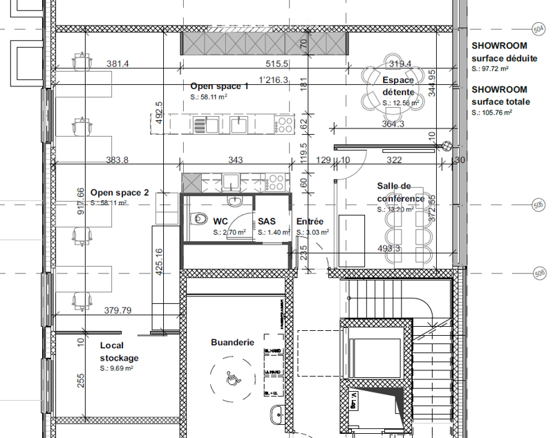 Floor plan with two open spaces, a meeting room, a storage room, WC, SAS room, entrance hall, and a storage area.