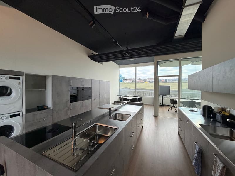 modern kitchen, open floor plan, 2 sinks, 2 induction cooktops, built-in oven, 2 washing machines