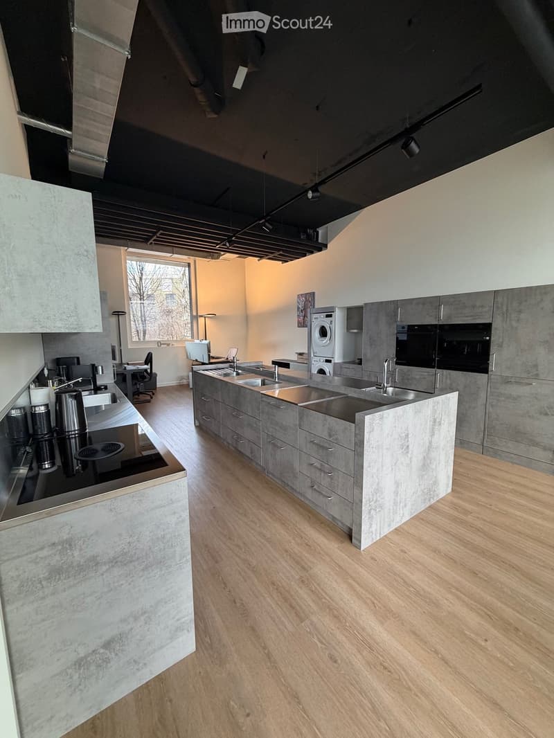 Contemporary kitchen design with a large island, modern appliances including a washing machine, and hardwood floors.