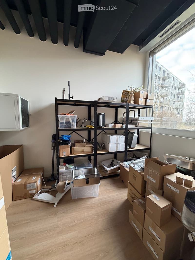 wooden floor, black metal shelves, white cabinets, boxes, storage boxes, view from the window