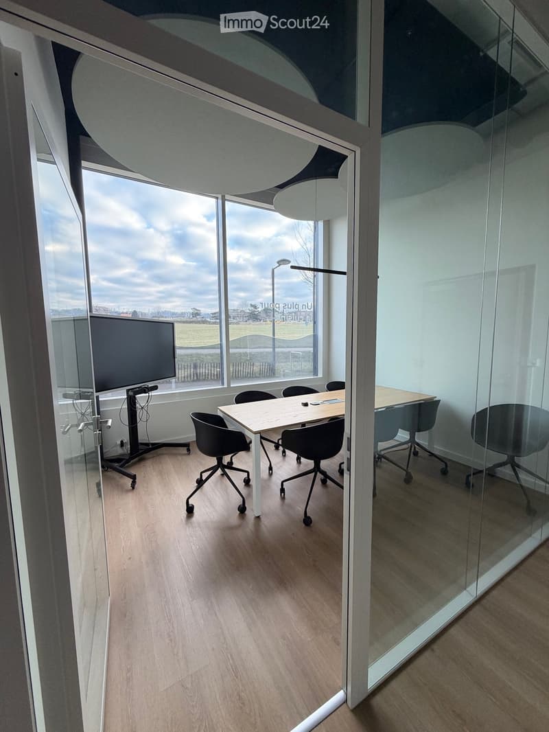 conference room with meeting table, black swivel chairs, screen, large windows