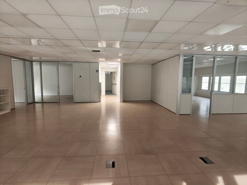 Empty office space with tiled floor, glass walls, and ceiling lights
