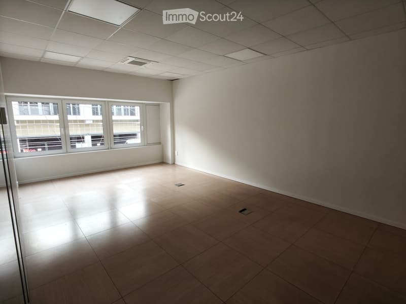 empty room, white walls, wooden floor, large windows, ceiling lights