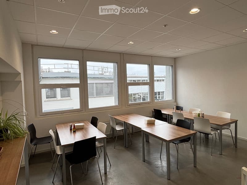 Bright, modern room with multiple tables and chairs arranged for meetings, large windows, and a potted plant near the wall.