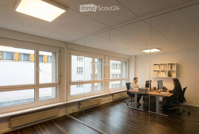 modern office with glass walls, white walls, wooden floors, office desks, chairs, bookshelves, radiators, large windows, two people sitting