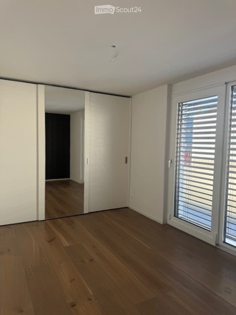 empty room, wooden floor, white walls, sliding doors, mirror