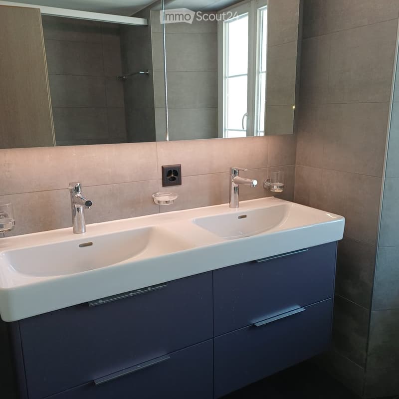 Bathroom with double sink, mirror, and blue cabinets.