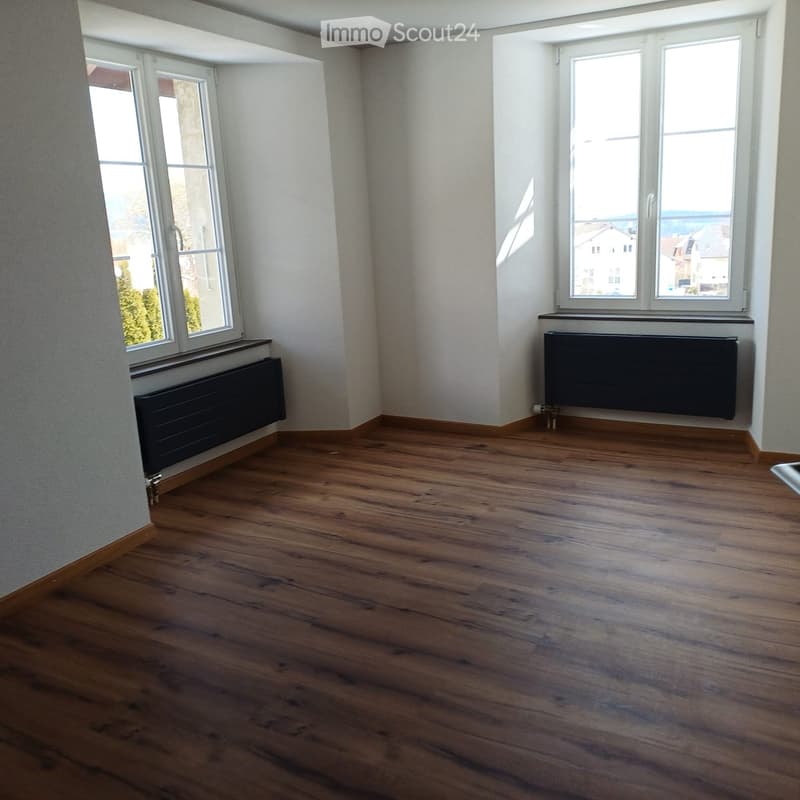 empty room, wooden floor, white walls, two windows, radiators