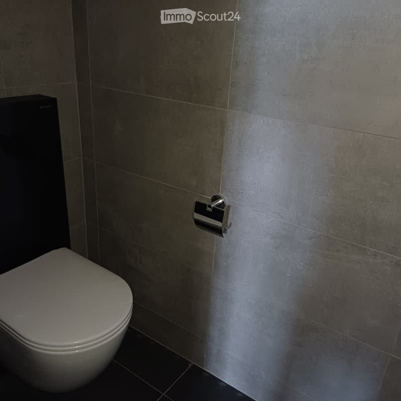 Bathroom: white toilet, gray tiled wall, black tiled floor, silver toilet paper holder