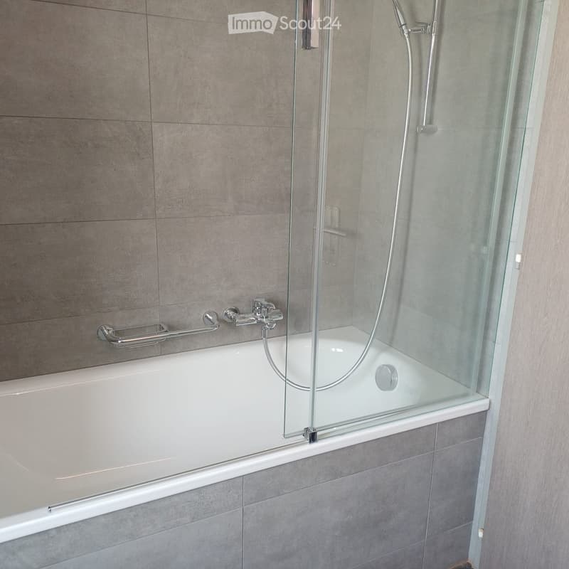 Bathtub with glass door, silver faucets, tiled walls, tiled floor