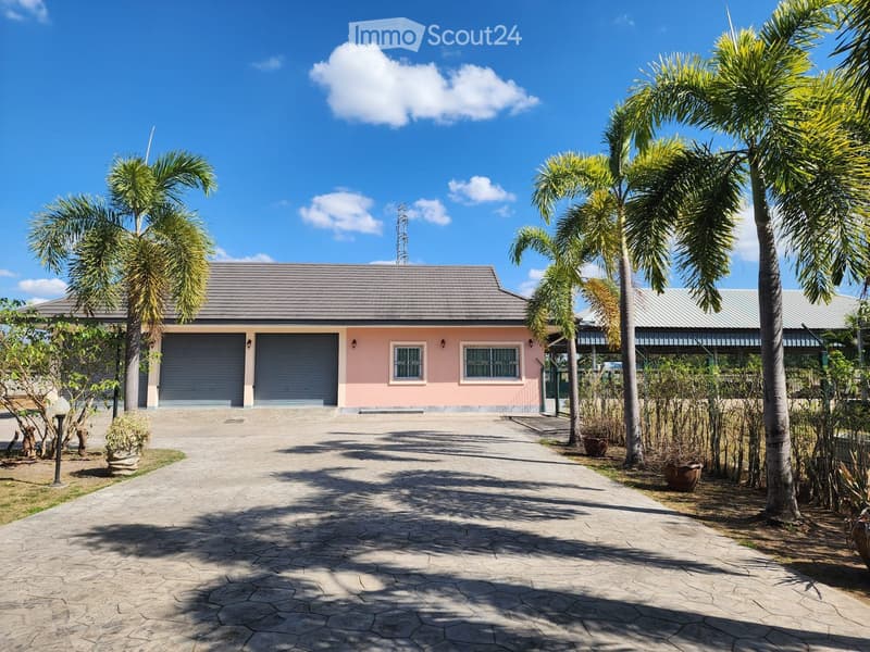 2 story house, pink exterior, gray roof, 2 garages, driveway, palm trees, shrubs, street light