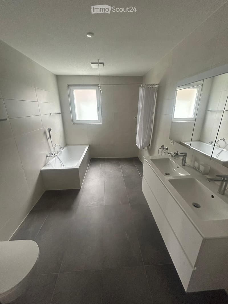 modern bathroom with bathtub, double sink, toilet, and mirrors