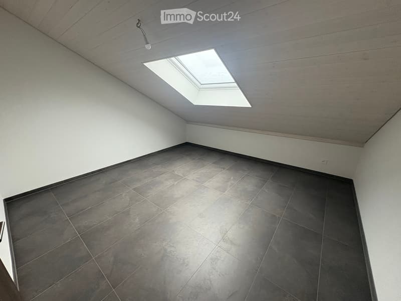 empty room, white walls, black tiled floor, skylight