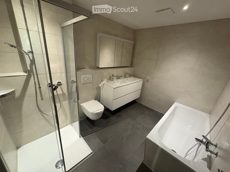 modern bathroom with shower, toilet, sink, bathtub, and cabinets