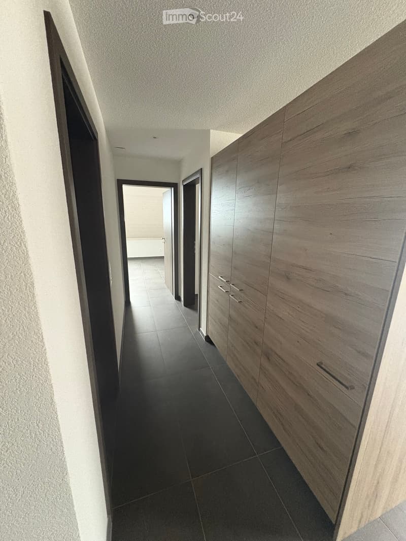 Empty hallway with tiled floor, wooden wardrobes, and doors leading to other rooms